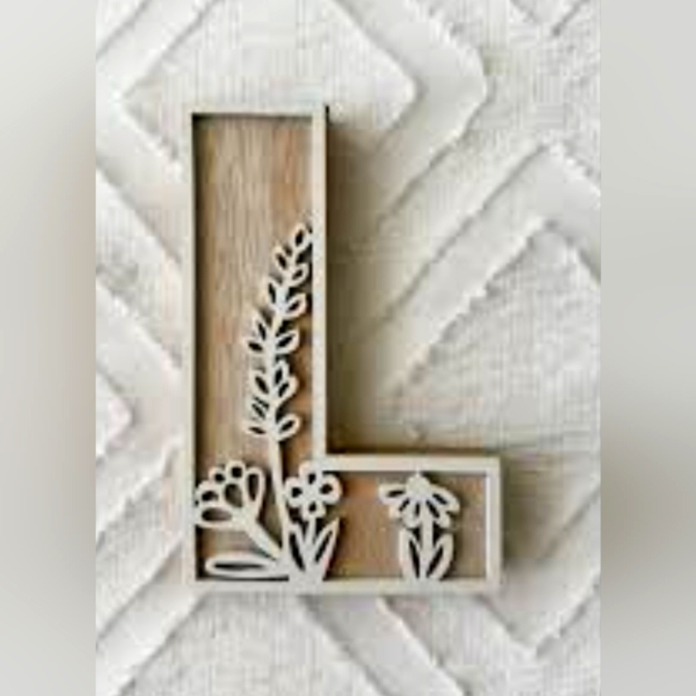 L Wood Flower Stand Decor Wooden White Rustic Farmhouse Floral Carved 3D Letter